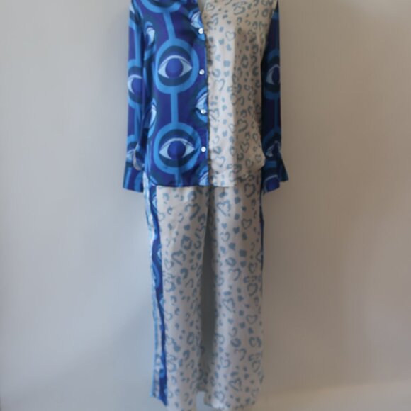 NWT Womens Bululu Magical Blue, White Print Satin Pants L Set - Picture 5 of 10